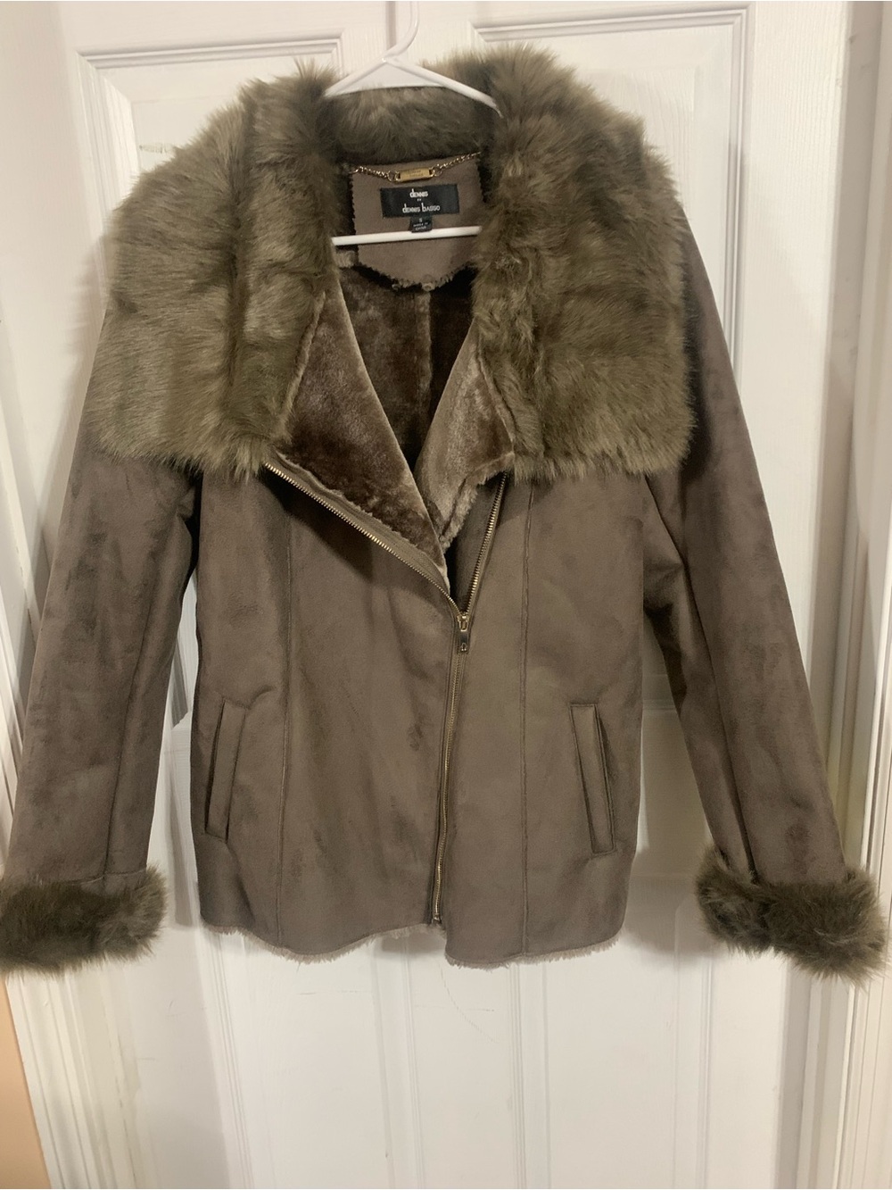 dennis basso Taupe Faux-Suede Jacket with Plush Fur Trim